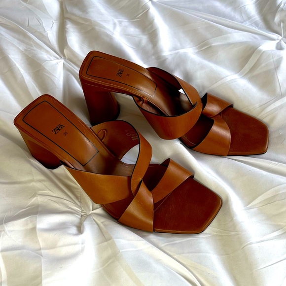 ZARA Camel Tan Brown Bock Heel Sandal 38 7.5 to 8 - Picture 1 of 12